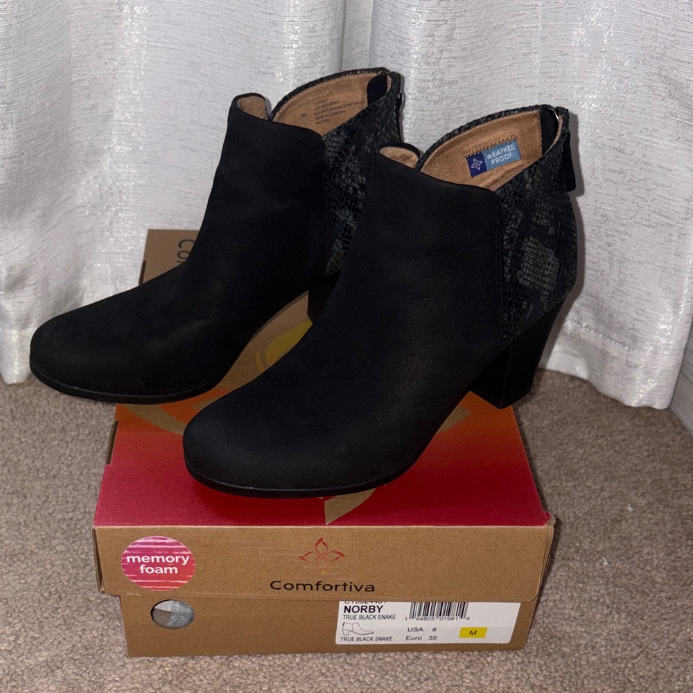 Comfortiva Black Ankle Booties with Snakeskin Detail